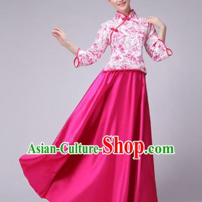 Chinese Classical Dance Fan Dance Costume Traditional Folk Dance Chorus Rosy Dress for Women