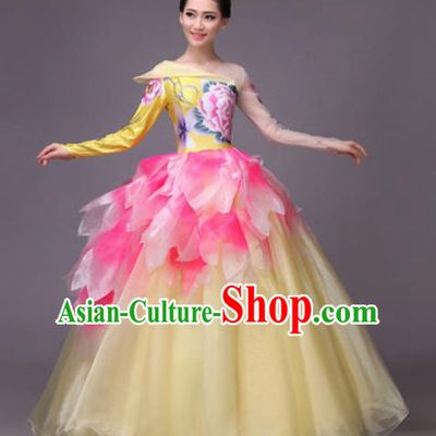 Chinese Classical Dance Costume Traditional Folk Dance Peony Flower Dress for Women