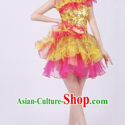 Top Grade Chorus Costume Modern Dance Stage Performance Golden Short Bubble Dress for Women