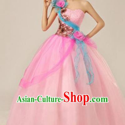 Top Grade Chorus Compere Pink Veil Costume Modern Dance Ballroom Waltz Stage Performance Dress for Women