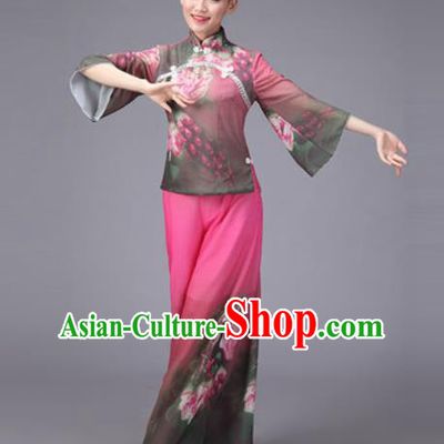 Chinese Classical Dance Costume Traditional Folk Dance Yanko Printing Pink Clothing for Women