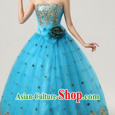 Top Grade Compere Costume Waltz Dance Modern Dance Stage Performance Blue Dress for Women