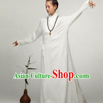 Chinese National Costume Traditional Tang Suit Slant Opening Linen Qipao Dress for Women