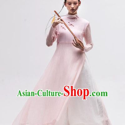 Chinese National Costume Traditional Cheongsam Tang Suit Pink Qipao Dress for Women
