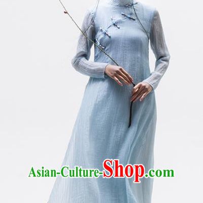 Chinese National Costume Traditional Cheongsam Tang Suit Blue Qipao Dress for Women