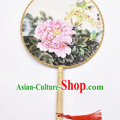 Chinese Ancient Palace Fans Handmade Ink Painting Peony Round Fans for Women