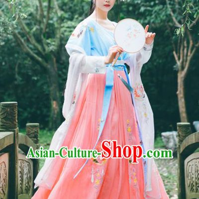 Chinese Ancient Young Lady Embroidered Costumes Tang Dynasty Hanfu Dress for Women