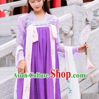 Chinese Ancient Tang Dynasty Nobility Lady Embroidered Costumes Purple Hanfu Dress for Rich