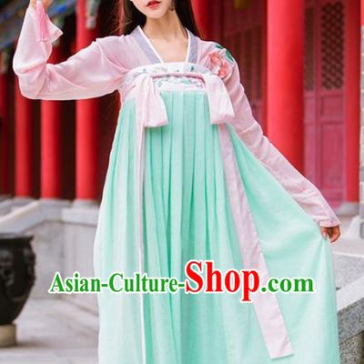 Chinese Ancient Tang Dynasty Nobility Lady Embroidered Costumes Green Hanfu Dress for Rich