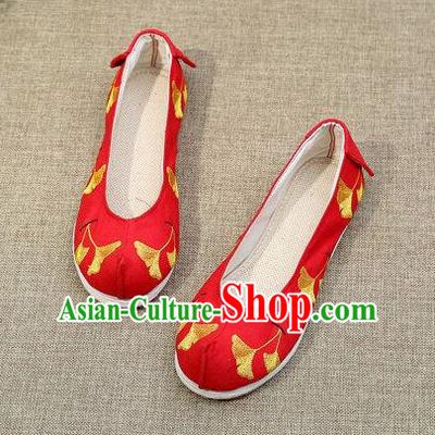 Chinese Ancient Traditional Embroidered Shoes Hanfu Embroidery Ginkgo Red Cloth Shoes for Women