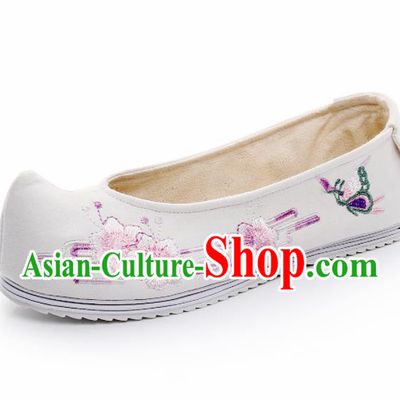 Chinese Ancient Traditional Embroidered Shoes Hanfu Embroidery Peach Blossom White Cloth Shoes for Women