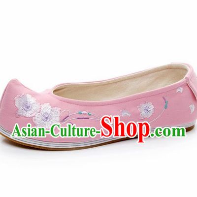 Chinese Ancient Traditional Embroidered Shoes Hanfu Embroidery Peach Flower Pink Cloth Shoes for Women