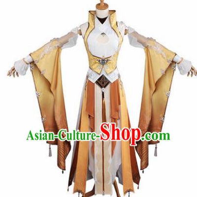 Top Grade Chinese Cosplay Young Lady Female Assassin Costumes Ancient Swordswoman Golden Dress for Women