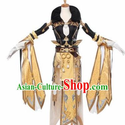 Top Grade Chinese Cosplay Young Lady Costumes Ancient Swordswoman Golden Dress for Women