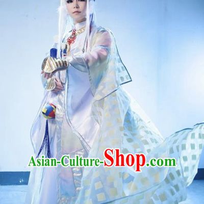 Top Grade Chinese Ancient Cosplay Taoist Priest Swordsman White Costumes for Men