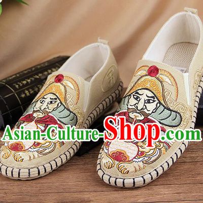 Chinese National Shoes Traditional Cloth Shoes Embroidery Beige Shoes for Men