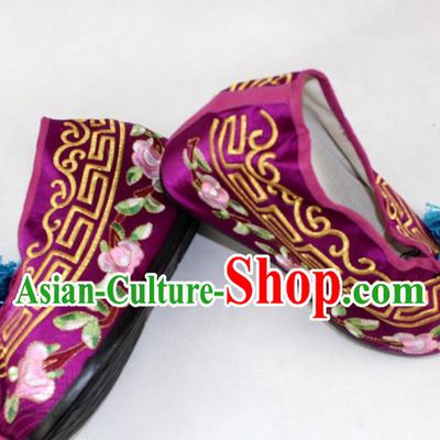 Chinese Traditional Beijing Opera Purple Blood Stained Shoes Ancient Handmade Princess Embroidered Shoes for Women