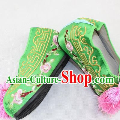 Chinese Traditional Beijing Opera Green Blood Stained Shoes Ancient Handmade Princess Embroidered Shoes for Women