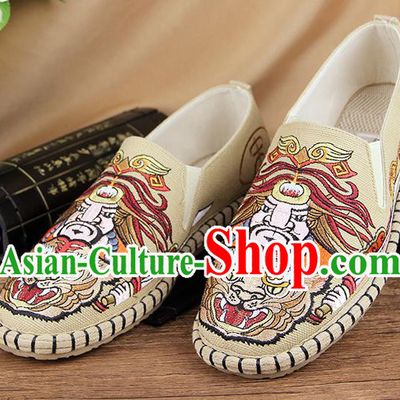 Chinese National Shoes Traditional Beige Cloth Shoes Embroidery Multi-layered Shoes for Men