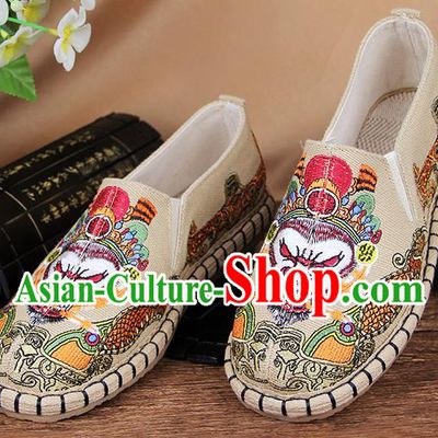 Chinese National Handmade Shoes Traditional Cloth Shoes Embroidery Monkey King Beige Shoes for Women