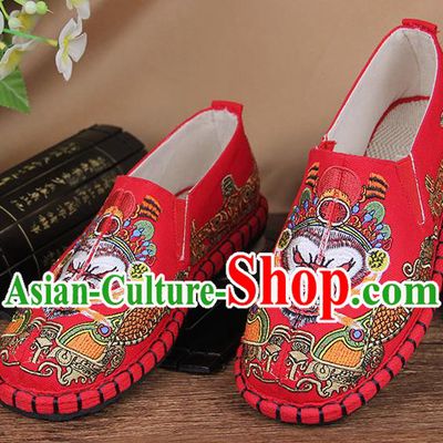 Chinese National Handmade Shoes Traditional Cloth Shoes Embroidery Monkey King Red Shoes for Women