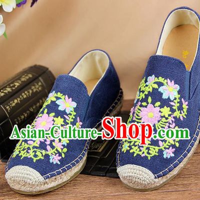 Chinese National Handmade Shoes Traditional Cloth Shoes Embroidery Flowers Blue Shoes for Women