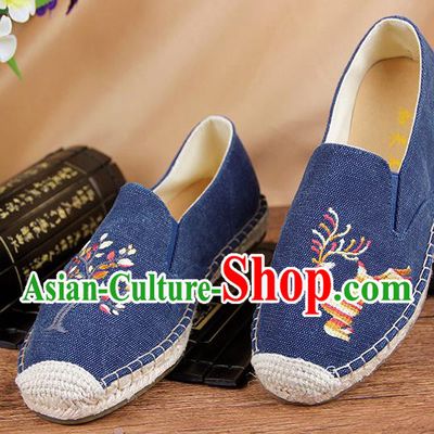 Chinese National Handmade Shoes Traditional Cloth Shoes Embroidery Deer Blue Shoes for Women