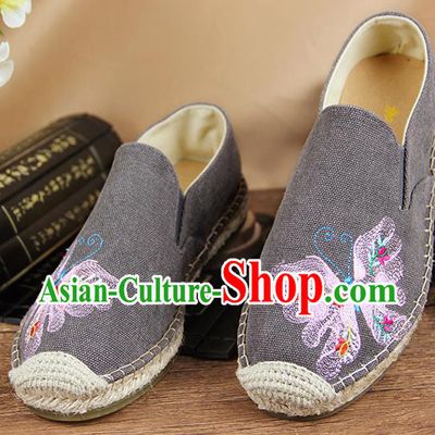 Chinese National Handmade Shoes Traditional Cloth Shoes Embroidery Butterfly Grey Shoes for Women