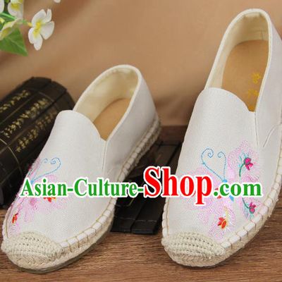 Chinese National Handmade Shoes Traditional Cloth Shoes Embroidery Butterfly White Shoes for Women