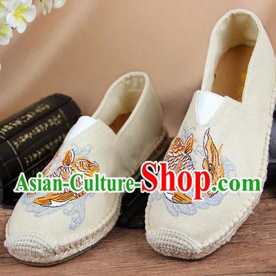 Chinese National Shoes Traditional Beige Cloth Shoes Embroidery Martial Arts Shoes for Men