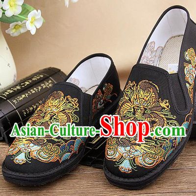 Chinese National Shoes Traditional Black Cloth Shoes Embroidery Dragon Shoes for Men