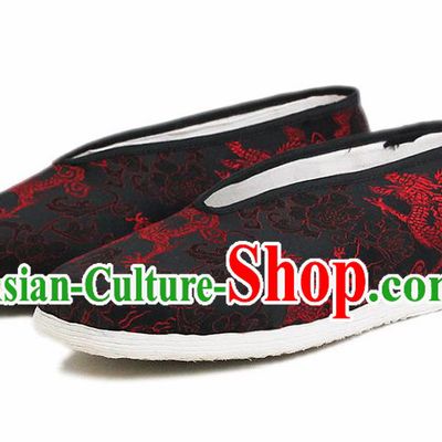 Chinese National Shoes Traditional Embroidered Dragon Cloth Shoes Black Satin Shoes for Men