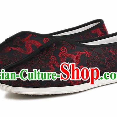 Chinese National Cloth Shoes Traditional Embroidered Dragon Shoes Black Satin Shoes for Men