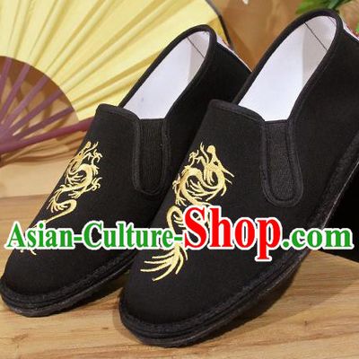 Chinese National Shoes Traditional Embroidery Dragon Martial Arts Cloth Shoes Black Shoes for Men