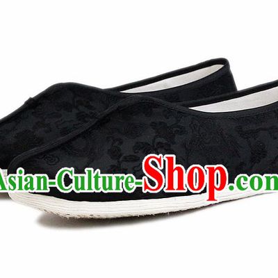 Chinese National Cloth Shoes Traditional Embroidered Shoes Black Satin Shoes for Men