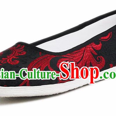 Chinese National Handmade Cloth Shoes Traditional Shoes Embroidered Black Satin Shoes for Women
