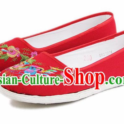 Chinese National Handmade Cloth Shoes Traditional Shoes Embroidered Mandarin Duck Red Shoes for Women