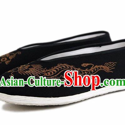 Chinese National Black Cloth Shoes Traditional Martial Arts Shoes Embroidery Golden Dragon Shoes for Men
