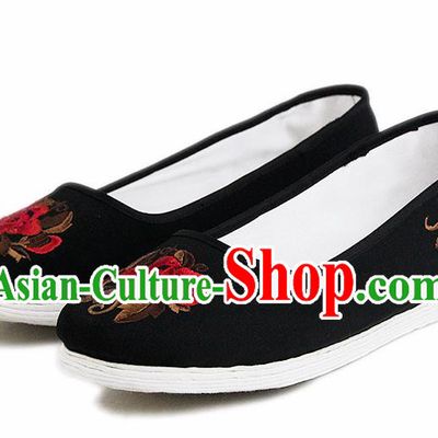 Chinese National Handmade Cloth Shoes Traditional Shoes Embroidered Red Peony Shoes for Women
