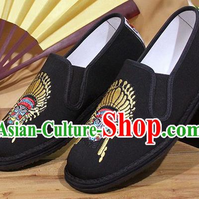 Chinese National Shoes Traditional Embroidery Exorcise Mask Cloth Shoes Black Shoes for Men