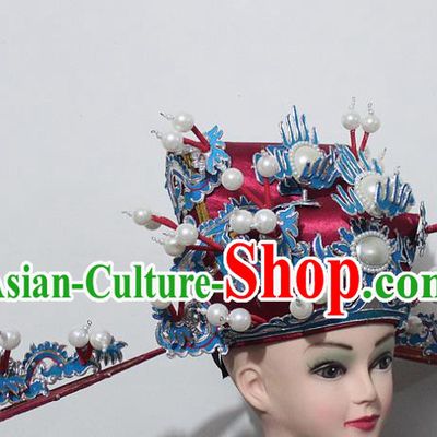 Chinese Traditional Peking Opera Prime Minister Red Hat Ancient Chancellor Headwear for Men