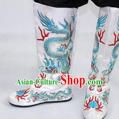 Chinese Traditional Beijing Opera Takefu Shoes Ancient Handmade Emperor Embroidered Dragons White Boots for Men