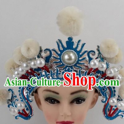 Chinese Traditional Peking Opera Blues White Venonat Helmet Ancient Magic Warriors Hat for Women