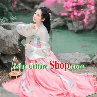Chinese Ancient Nobility Lady Embroidered Costumes Tang Dynasty Palace Princess Pink Hanfu Dress for Women