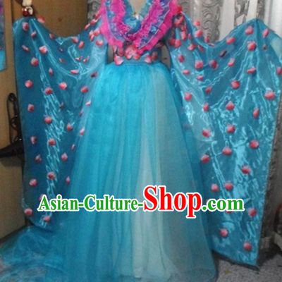 Traditional Chinese Classical Dance Embroidered Costumes Ancient Peri Blue Hanfu Dress for Women