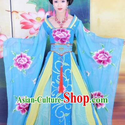 Traditional Chinese Classical Dance Embroidered Costumes Ancient Imperial Consort Blue Hanfu Dress for Women
