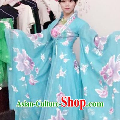 Chinese Traditional Classical Dance Costume Ancient Tang Dynasty Imperial Consort Embroidered Blue Dress for Women
