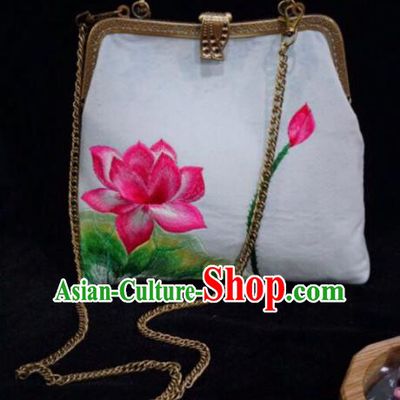 Chinese Traditional Embroidered Craft Handmade Embroidery Lotus White Bags for Women