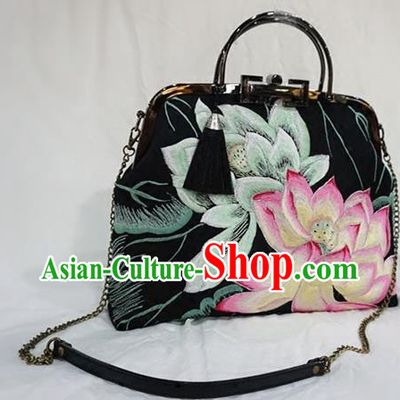 Chinese Traditional Embroidered Craft Handmade Embroidery Lotus Black Bags for Women
