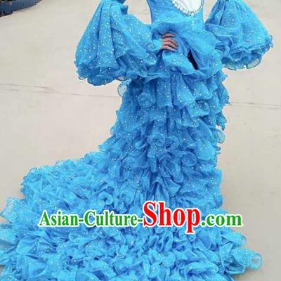 Top Grade Stage Performance Costumes Modern Dance Blue Trailing Dress for Women